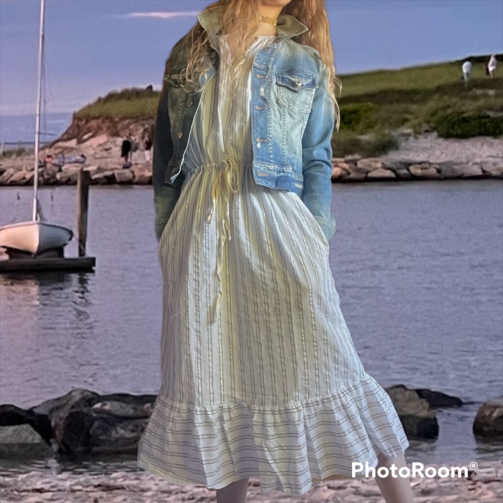 Dylan Boho Linen Dress with Metallic Gold Stripes - Picture 2 of 6